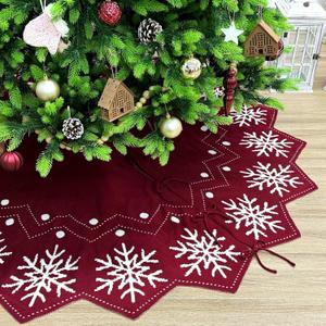 Starry Dynamo 72-Inch Reversible Knit Tree Skirt with Christmas StarInspired Pointed Edge Border and Lace-Up Closures, Machine Washable Thick Acrylic Yarn, Burgundy & White