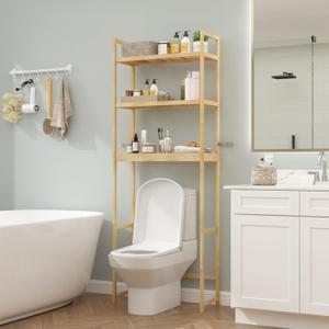 FAMAPY Bamboo Over The Toilet Storage Shelf, 3-Tier Bathroom Above Toilet Organizer Shelf, 4 Hooks, Space-Saving Toilet Stand for Restroom Laundry, Oak 10.2D x 24.8W x 66.9H