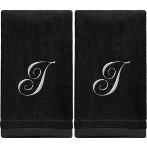 Monogrammed Towels Fingertip, Personalized Gift, 11 x 18 Inches - Set of 2 White Embroidered Towel - Extra Absorbent 100% Cotton - Soft Velour Finish - For Bathroom/ Kitchen/ Spa - Initial I (Black)