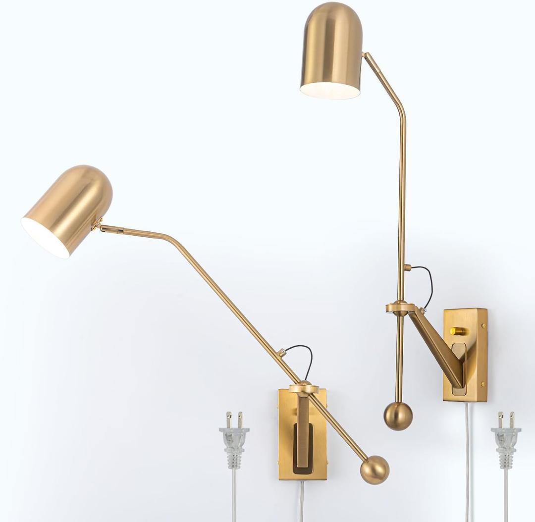 Gold Swing Arms Wall Lamp Plug in Reading Light Modern Sconces Adjustable Wall Mounted Light Fixture for Bedside Living Room Bedroom,2 Pack