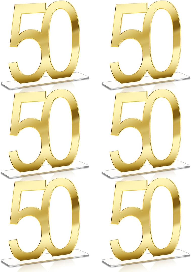 6 Pcs Mirror Gold 50th Birthday Decorations for Men and Women Acrylic Anniversary Decorations Table Numbers Centerpieces for Birthday Party