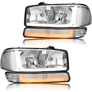 LED DRL Headlight, Headlights Replacement Compatible with 1999 2000 2001 2002 2003 2004 2005 2006 2007 GMC Sierra, Fit 1999-2006 GMC Yukon Headlamp Assembly Kit Chrome Housing Clear Reflector