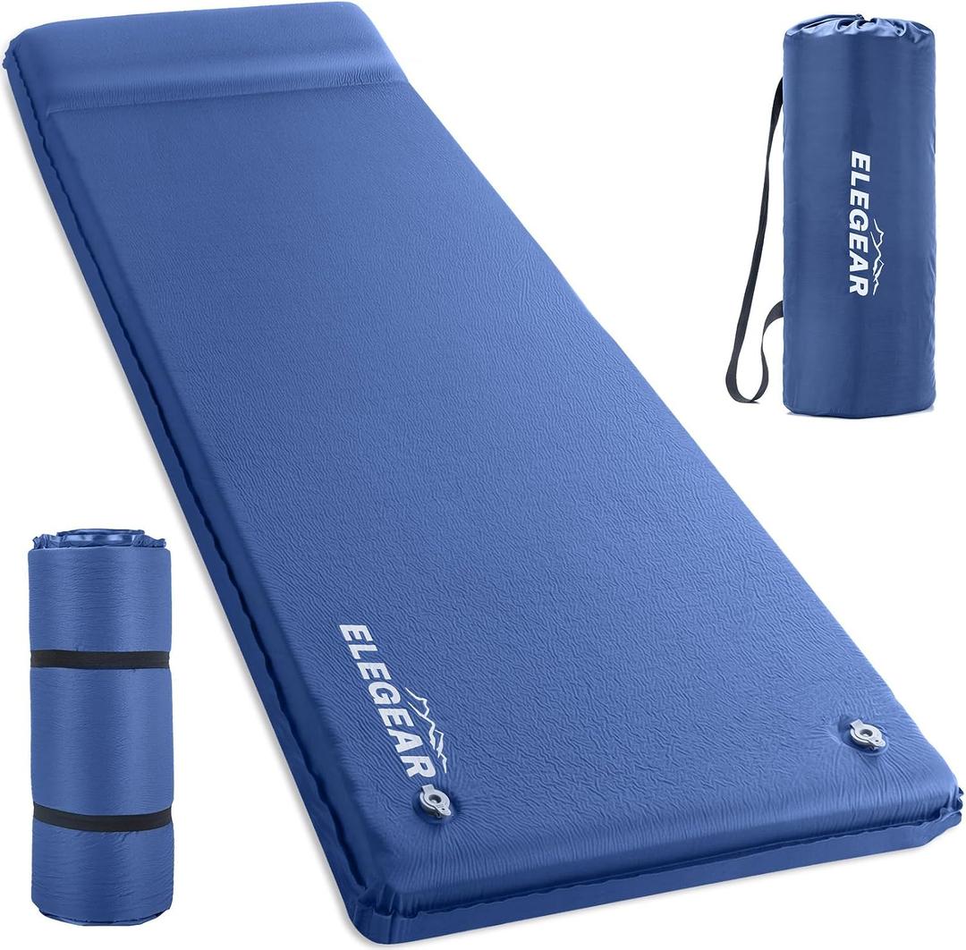 Elegear CumbreX Self Inflating Sleeping Pad, 3.15" Ultra-Thick Memory Foam Camping Pad with Pillow Fast Inflating in 20s Insulated Camping Mattress Pad 4-Season Camp Sleeping Mat for Camp/Travel/Tent, Blue, Single