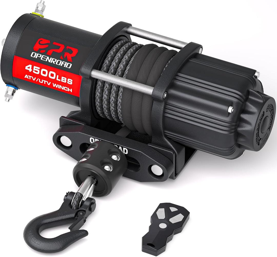 OPENROAD 4500 lb ATV/UTV Winch,12V Towing Off-Road Electric UTV Winch with 1/4"50' Synthetic Rope,Wireless Remote and Rubber Stopper (4500lb with Synthetic Rope), 4500lb Black