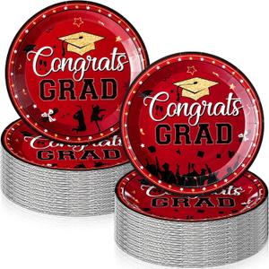 SiliFine 100 Pcs 2026 Graduation Cake Dessert Paper Plates Grad Decoration 7 Inch Small Disposable Plates Bulk Dinnerware for Congrats Grad Party Favors Supplies(Red and Gold)