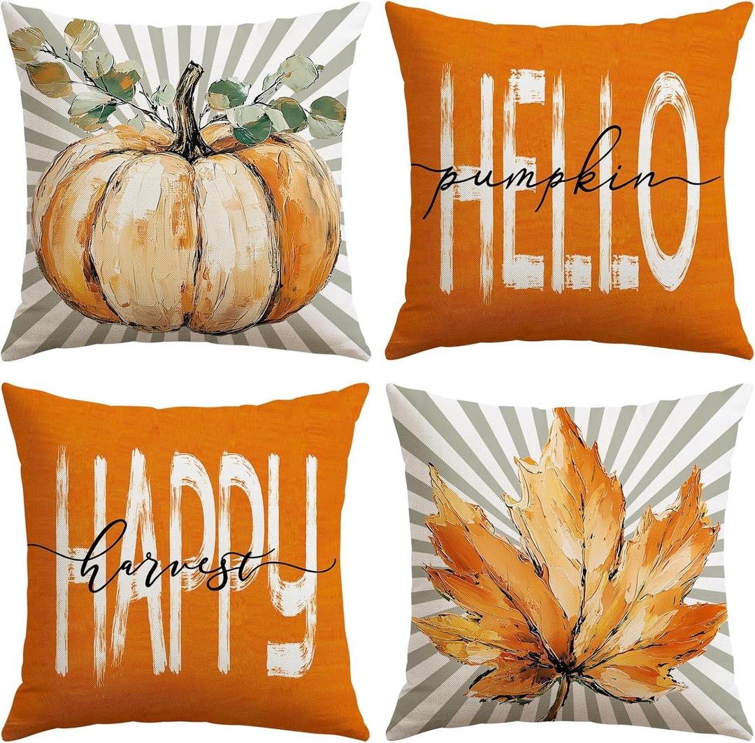 Artscope Fall Decorative Throw Pillow Covers 20x20 Inch Set of 4, Hello Happy Autumn Pumpkin Striped Maple Leaves Harvest Outdoor Farmhouse Pillow Cases for Home Sofa Couch-Orange D