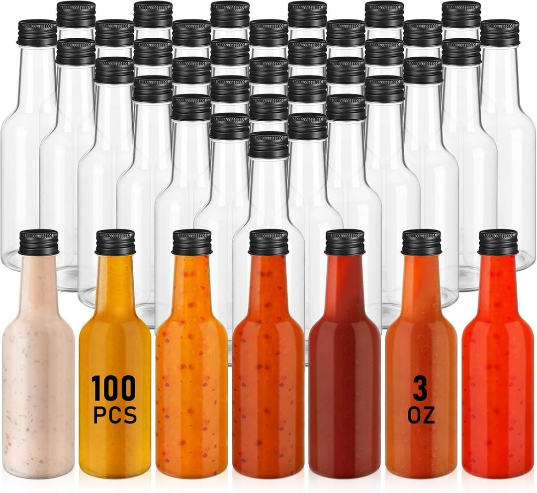 Zubebe 100 Pcs Hot Sauce Bottles Small Plastic Clear Woozy Bottles Empty with Leak Proof Black Screw Cap Mini Wine Liquor jars for Kitchen Sauce Salad Dressing Syrup Juice Whiskey (3 oz)
