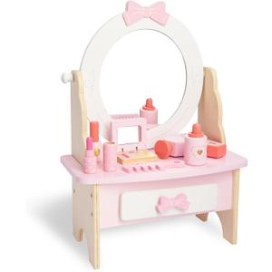 Wooden Vanity Set for Kids, Pretend Play Toddler Makeup Vanity Table Toys with 360 Rotatable Mirror, Beauty Salon Set Includes Makeup Accessories, Little Girls Gift Age 3+ (White)