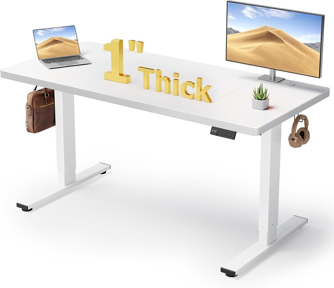 White 60x28 in Electric Standing Desk, 1 Inch Thick Tabletop
Double Beam Frame, Holds 220lbs, Sit Stand, 3 Memory Height Adjustment, Extra Deep Table Top, White Frame
