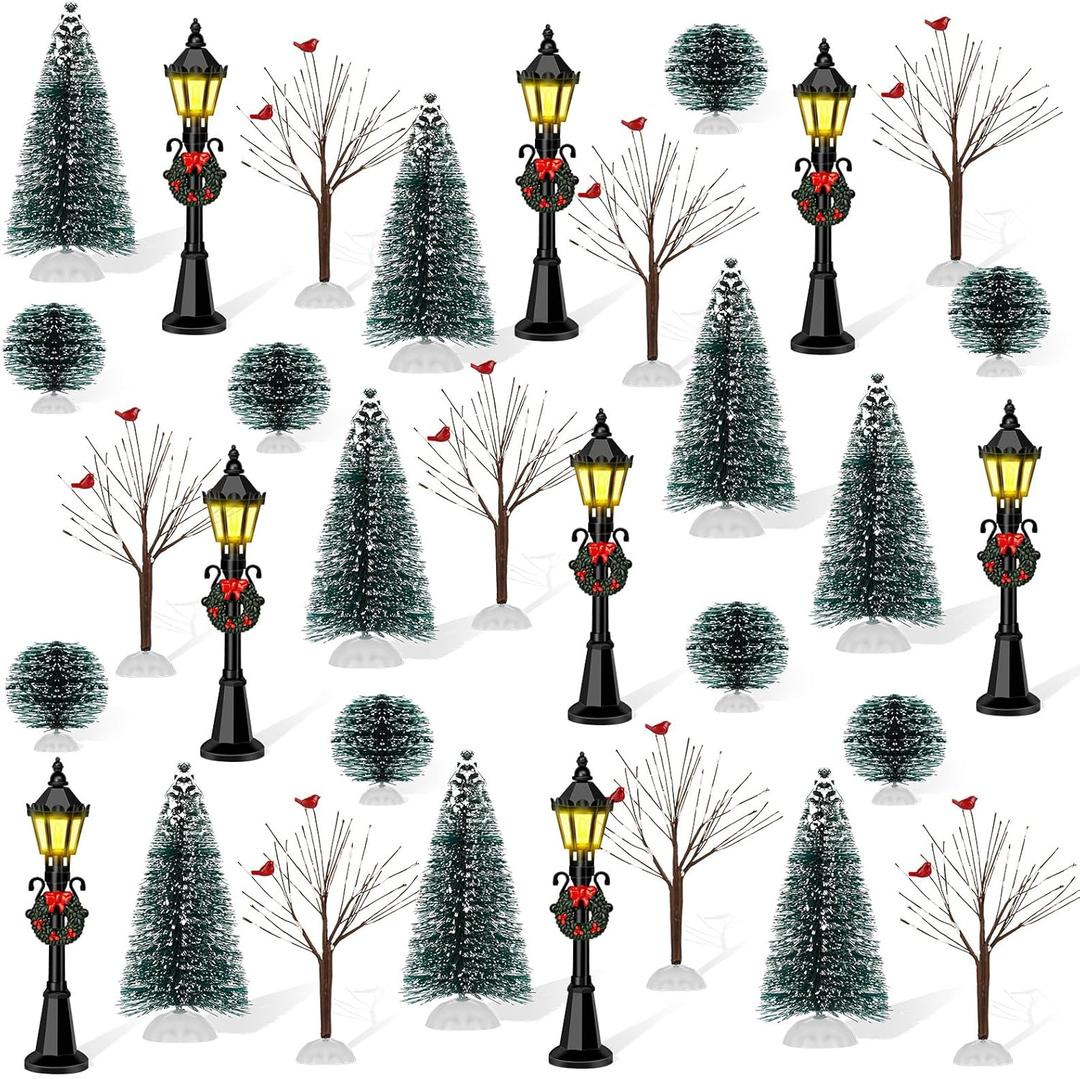 32 PCS Christmas Figurine Village Accessories, Mini Street Light Models with Brush Trees, Miniature Christmas Pathway Street Lamps Lantern Post for DIY Micro Landscape Fairy Garden