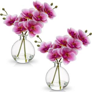 Oairse Pink Orchids Artificial Flowers Faux Orchid Arrangement with Clear Glass Vase Set of 2 Real Touch Phalaenopsis Orchid Flowers Orchid Centerpiece for Dining Room Table
