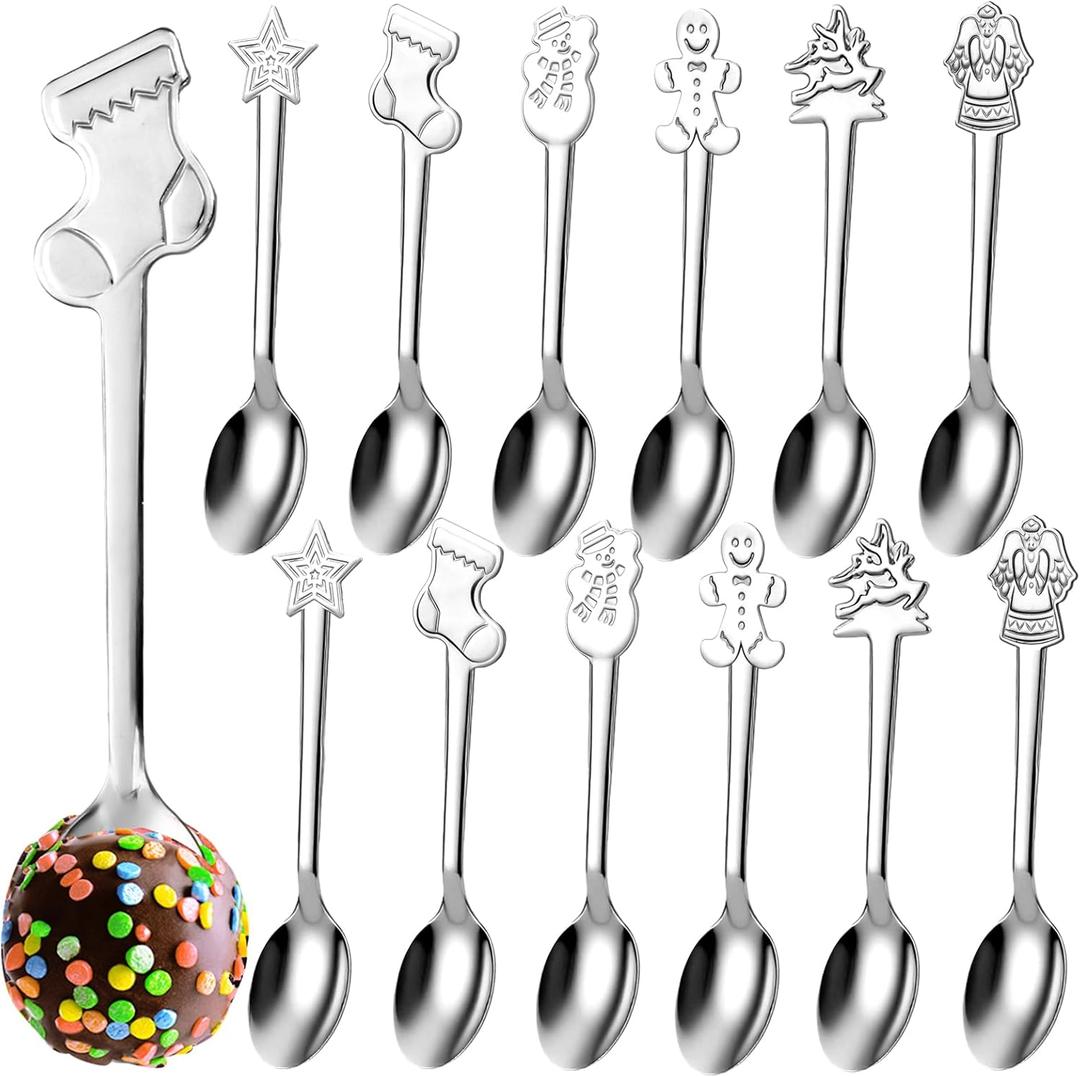 24 Pcs Christmas Hot Chocolate Spoons Stainless Steel Tea Coffee Christmas Stirring Spoon for Dessert Cake Candy Mixing Baking Marshmallow Cocoa Bar Supplies(6 Style)
