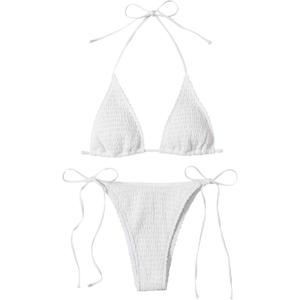 SweatyRocks Women's 2 Piece Triangle Bathing Suit Halter Top Tie Side Thong Bikini Swimsuits (Small, White)