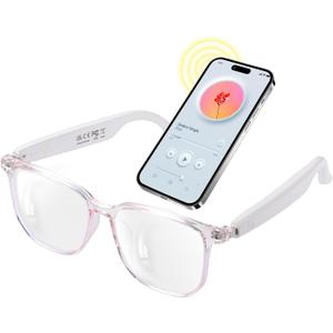 Smart Glasses for Women, Clear Frame Blue Light Glasses, Magnetic Charging, Open-Ear Design, Voice Assistant, Bluetooth Glasses with Speakers, Audio Eyeglasses for Working Gaming (GS03-C) (White)