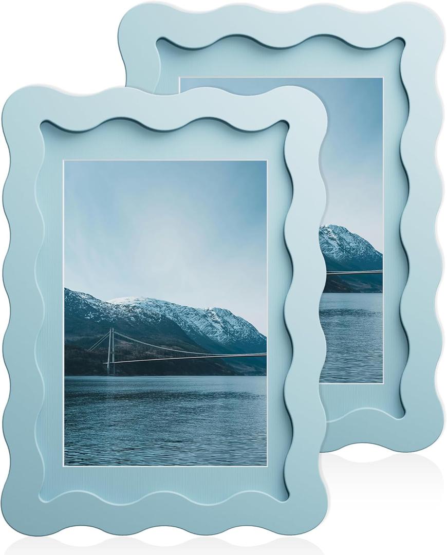 4x6 Wavy Picture Frame With Mat For 3.5x5, Wavy Edge Wooden Picture Frame with Real Glass - Wall Mount and Tabletop Display, Blue, 2 Pack