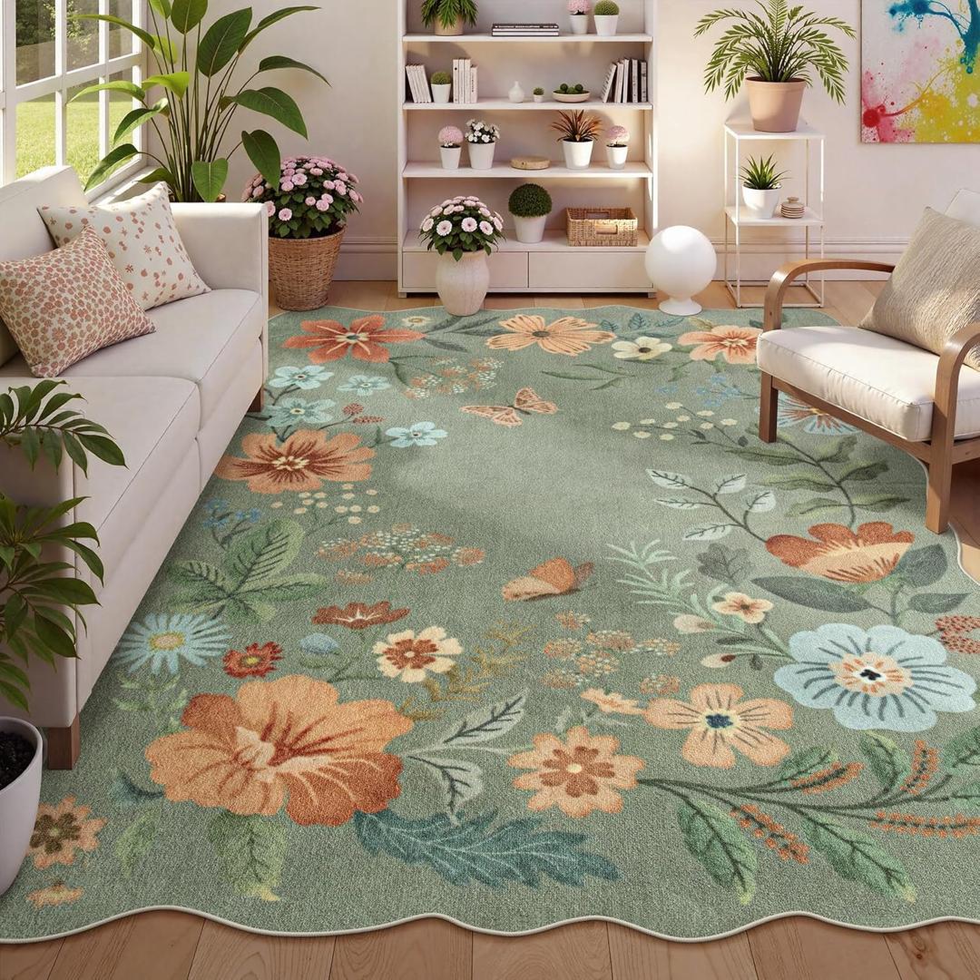 Lahome Floral Washable Rugs 8x10, Non-Slip Soft Green Rug Stain Resistant, Ultra-Thin 8x10 Rugs for Living Room Easy Clean Boho Accent Carpet for Dining Room Office Flore (8x10ft,Green)