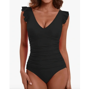 Elegant Black Ruffled One-Piece Swimsuit,  Black Color, Size M