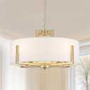 20'' Gold Drum Chandelier 8-Light Modern White Fabric Adjustable Large Farmhouse Pendant Light Fixtures for Dining Room, Stylish and Functional Chandeliers for Kitchen, Living Room, and Bedroom
