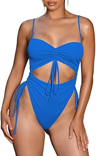 Viottiset Women's Cut Out Drawstring One Piece Swimsuit Cheeky High Cut Bathing Suit, Light Blue. XL