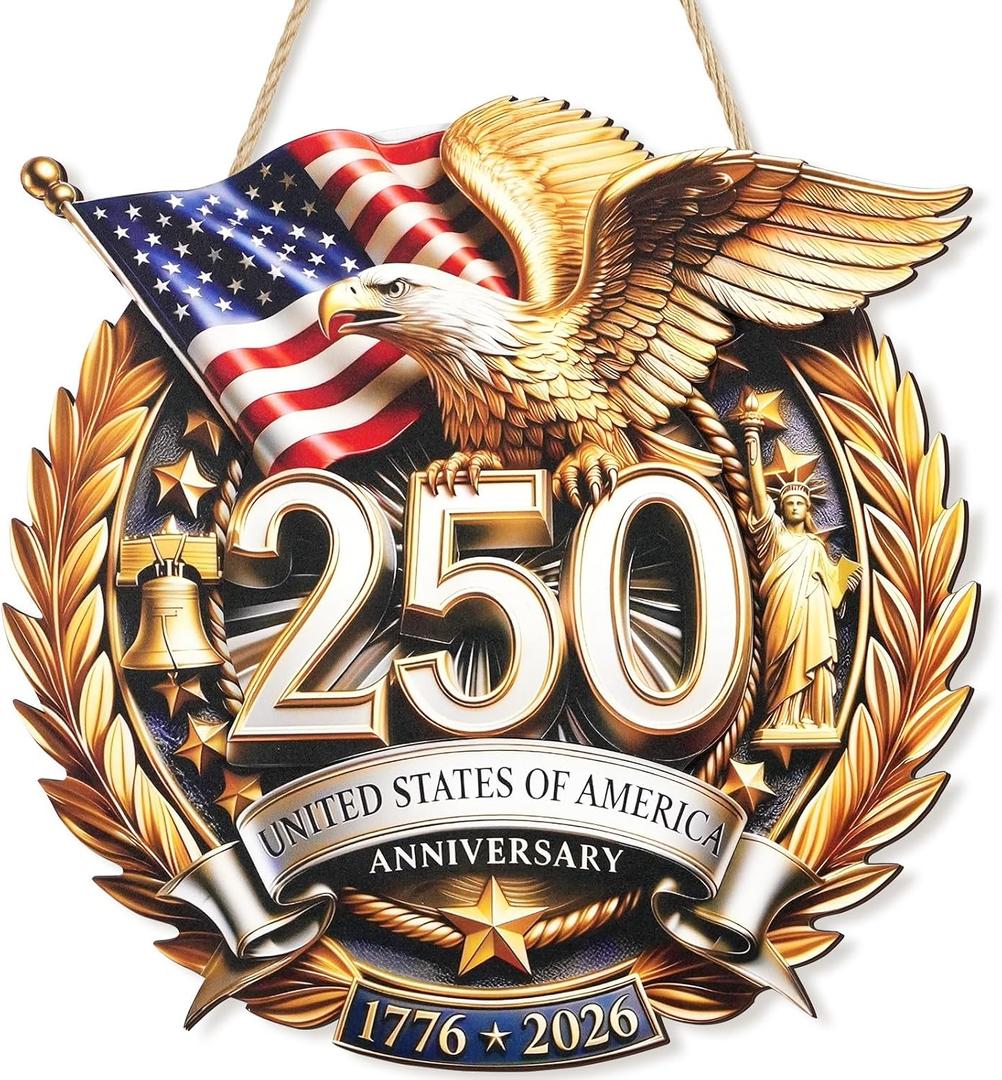 US 250th Anniversary Double Layer Wooden Door Sign, 1776-2026 Door Wreath Patriotic Independence Day, 250 Years of Freedom Large Wall Decor, Anniversary Hanging Sign for Porch Outdoor 12 x 12 Inch