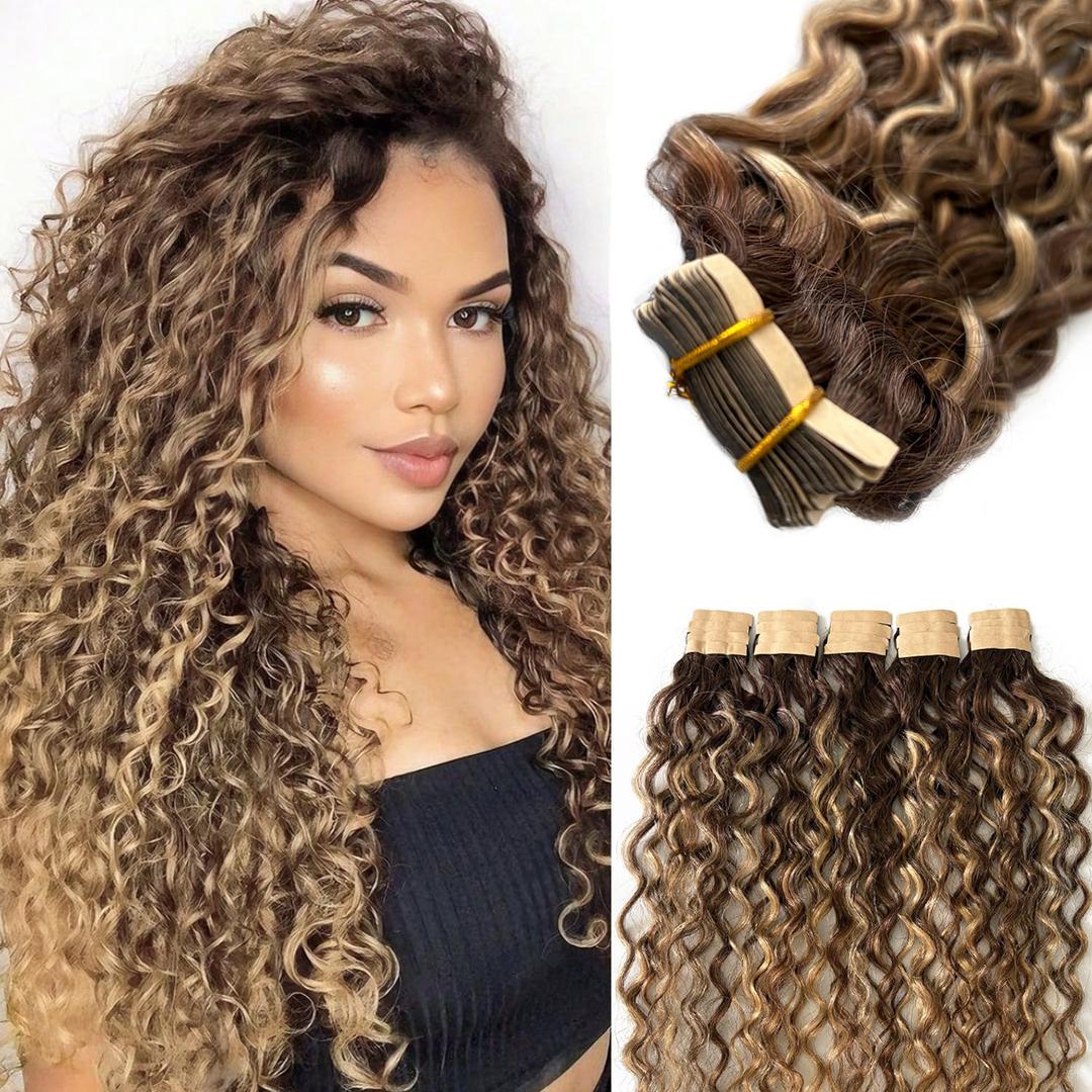 24 Inch Tape in Hair Extensions Water Wave Real Human Hair Medium Brown to Honey Blonde 20pcs 50g Loose Wave Brazilian Human Hair Extension Invisible Skin Weft Tape on Extension for Women