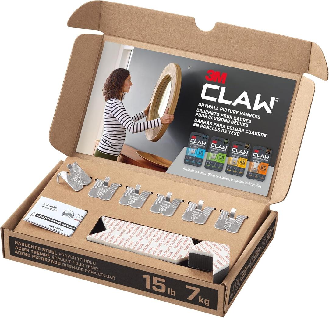 3M CLAW(TM) 15 lb. Drywall Picture Hanger With Spot Marker, Heavyweight Hanging Solution for Room Decor and Office Space Decor, Including Mirrors or Large Art  6 Pack