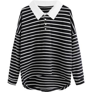 LilyCoco Women Long Sleeve Sweatshirts Polo Striped Lightweight Sweatshirt Black Medium (Black, M)