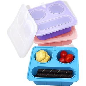 3-piece reusable silicone snack container set with lids, featuring a three-compartment design, is perfect for lunch salads, kids' snack boxes, and ideal for travel, office, and picnics.