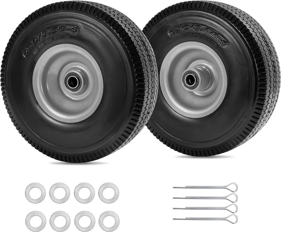 Parts Camp 10 inch wheel 4.10/3.50-4" Flat Free Tire and Wheel 10" Solid Tire for Gorilla Cart Hand Truck Garden Wagon Trolley Dolly tire replacement -5/8" Axle Bore Hole, 2 1/4"Offset Hub (2 Pack)