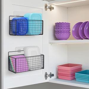 2 Pack Large Adhesive Cabinet Organizer - Lid Organizer Inside Cabinet Wall Mounted Pantry Door Caddy for Kitchen Containers Lid Kitchen Under Sink Basket