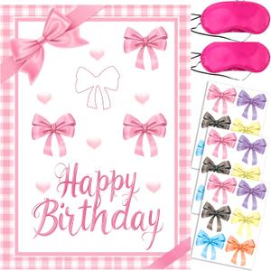Bowknot Birthday Party Decoration,Holiday Party Decoration Set Cute Bowknot Stickers, Large Poster and 24 Bowknot Themed Birthday Gift Stickers (Pink)