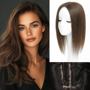 Rootoo Hair Toppers for Women Real Human Hair, 14 Inch Realistic Biological Scalp Topper Hair Pieces for Women with Thinning Hair, Clip in Curtain Bangs Big Base 360 Cover (Medium Brown, 16 Inch)