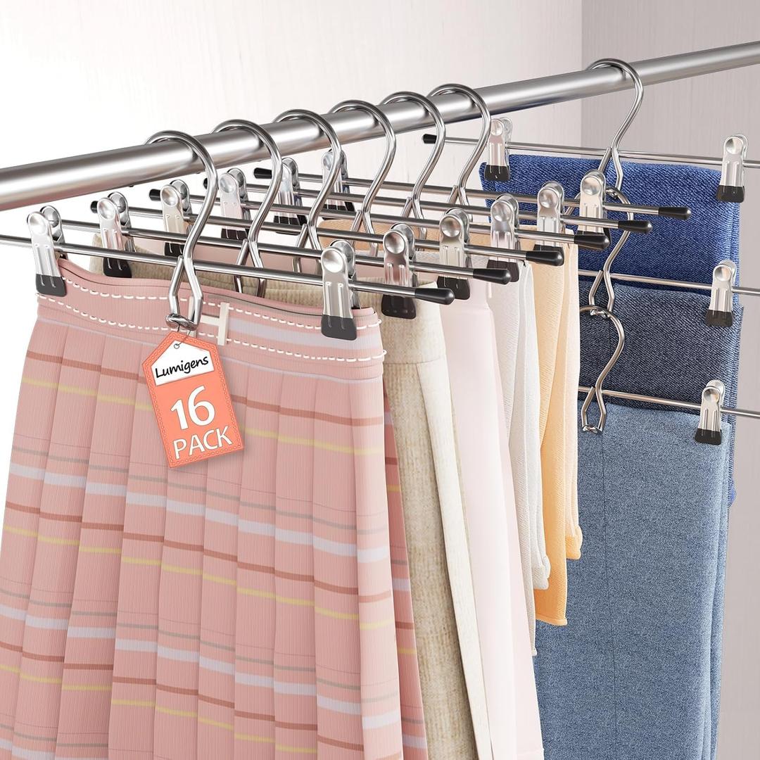 Pants Hangers Space Saving,Stackable Skirt Hangers with Clips, Hanging Closet Organizer and Storage,Clothes Hangers, College Dorm Essentials Apartment Essentials- 16 Pack