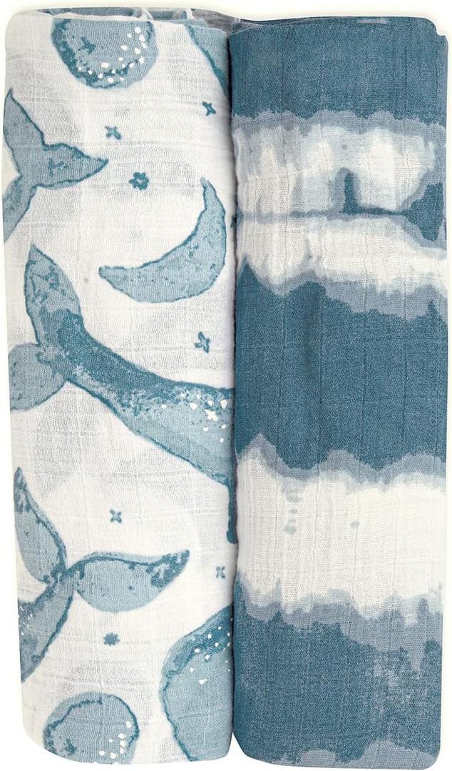 Crane Baby Soft Muslin Swaddle Blankets, Soft Swaddle Wraps for Boys and Girls, Blue Tie-Dye and Whale, 2 Count, 47" x 47"