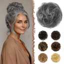 FESHFEN 100% Human Hair Messy Bun - Real Elastic Scrunchies Hair Pieces Soft Fluffy Wavy Ponytail Extensions Updo Chignon Hairpieces for Women, Gray Mixed