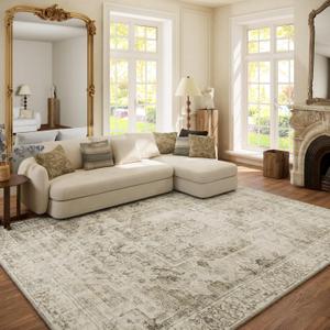 Washable Area Rugs for Living Room: 6x9 Bedroom Area Rugs Boho Vintage Rugs Stain Resistant Non Slip Low Pile Soft Lightweight Carpet for Kitchen Dining Room Farmhouse Nursery Kids Room Home Office (Brown and Cream)