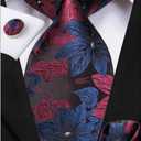 Hi-Tie 63" 70" Ties for Men Silk Extra Long Mens Ties Set and Pocket Square Cufflinks Paisley Necktie Business Wedding (Navy Burgundy)