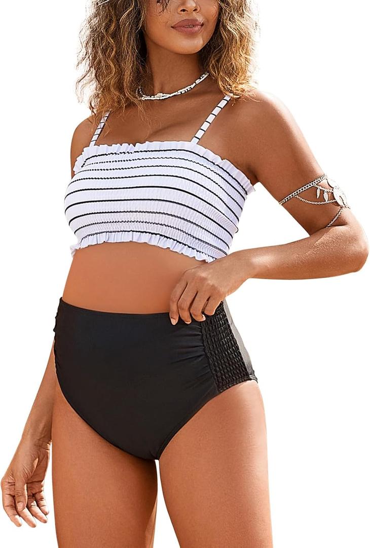 Bhome Maternity Swimsuit Two Pieces Adjustable Spaghetti Straps Smocked Bandeau Top with High Waisted Pregnant Swimwear (Large, Black and Stripes)