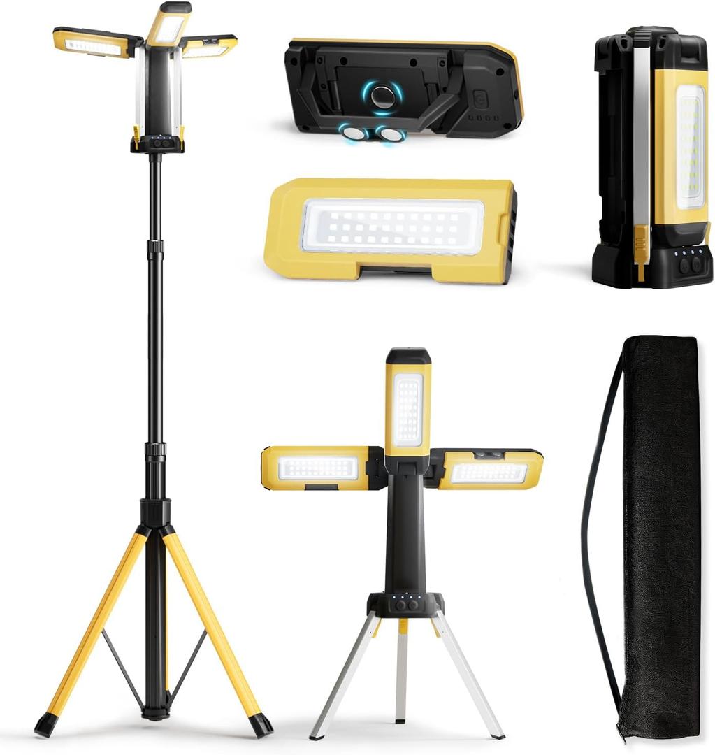 10000mAh Rechargeable LED Work Light with Stand, 3200 Lumens 4.8ft Telescoping Tripod, 2 Detachable Magnetic Lamp Panels, Cordless Garage Workshop Light for Car Repair Inspection Jobsite (big-size)