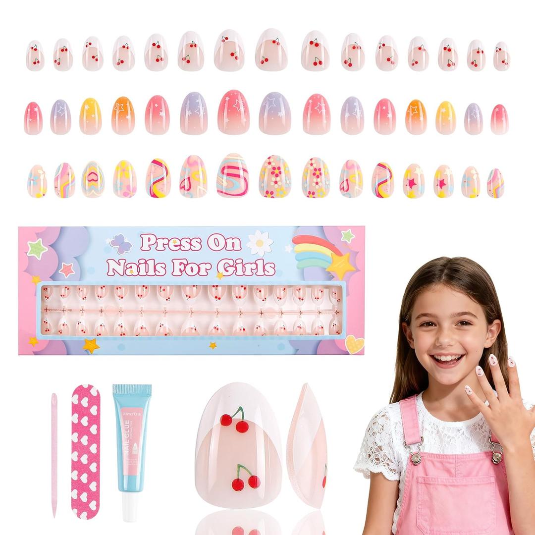90 Pieces Press on Nails for Kids, Kawyehu 3 Pack Nails for Kids Colorful Press on Nails for Girls 8-12 Years with Glue, Almond Fake Nail Kit for 9 10 11 12 Year Old, Cherry