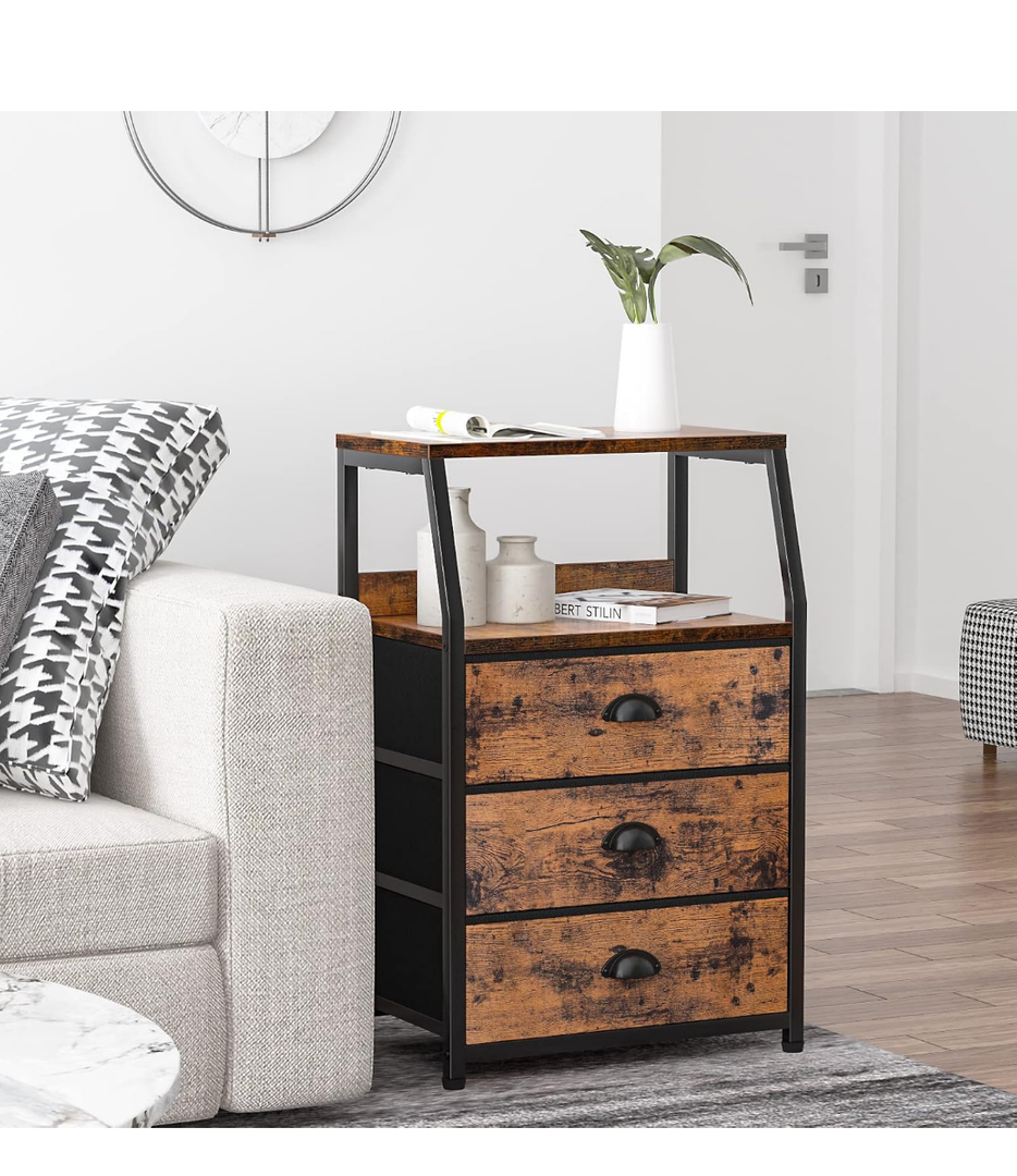 Furnulem Nightstand with 3 Drawers and 2-Tier Shelf, Fabric Small Dresser Organizer Vertical Storage Tower for Bedroom, Closet, Hallway, Nursery, End Table Side Furniture, Sturdy Steel Frame, Wood Top