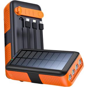 Solar Power Bank Portable Charger 63200mAh Battery Pack, Hand Crank Charger Dual Outputs Inputs 4 LED Flashlight, Fast Charging with Built in Cables Power for Phone Camping Emergency Travel (Orange)