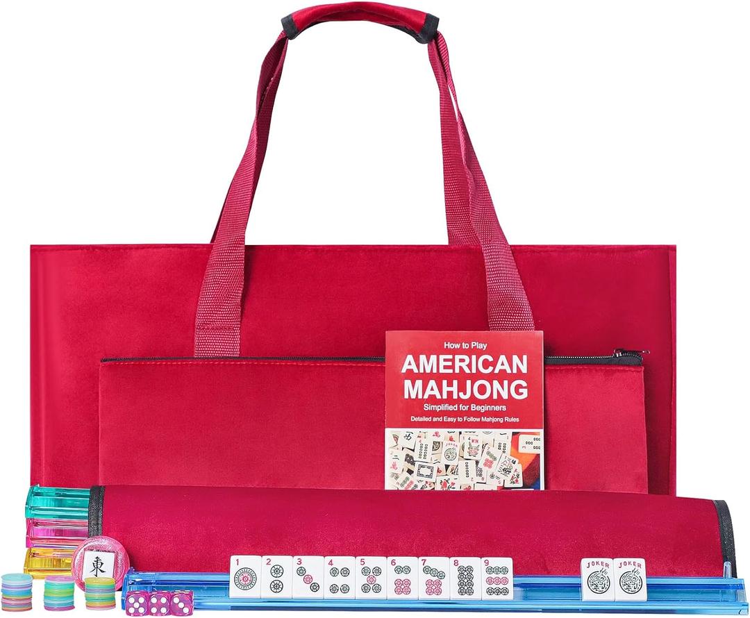 American Mahjong Tile Set, 166 Premium White Tiles, 4 All-in-One Color Rack/Pushers, Complete Mahjong Game Set Red Carrying Bag
