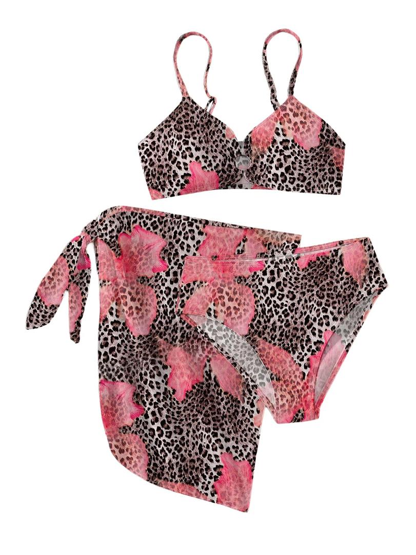 RoseSeek Girl's 3 Piece Bikini Set Floral Leopard O-Ring Swimsuit Beachwear