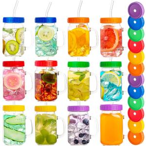 Mason Jars with Handle, 12 Pack 16oz Jar Drinking glasses lid and straw, Cups, Regular Mouth mugs for Iced Coffee, Smoothie, Airtight Lids Food Storage, clear