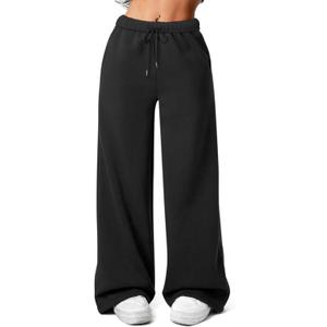 Women's Fleece Wide Leg Sweatpants Winter Warm Thermal Straight Leg Sweat Pants with Pockets (Black)