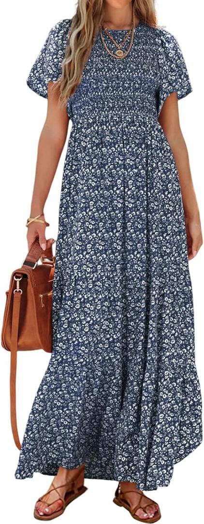 PRETTYGARDEN Women's 2026 Summer Casual Flutter Short Sleeve Boho Floral Maxi Dress Crew Neck Smocked Tiered Long Dresses L