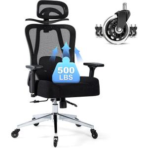 Office Chair 500lbs Ergonomic Mesh Desk Chair for Heavy People, Heavy Duty Office Chair with Wide Thick Seat Cushion, 4D Armrest, Adjustable Headrest & Lumbar Support Computer Chair