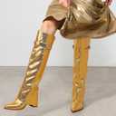 NEWBELLA Women's Knee High Boots - Shiny Faux Leather Slim Fit Trouser Boots, Fashionable Pointed Toe Block Heel Boots for Outfits, Gold 8