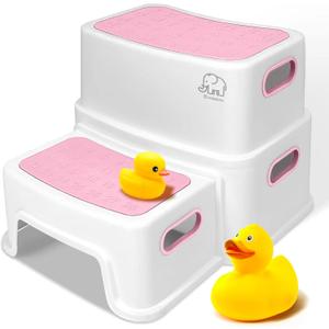 Pink Toddler Step Stool for Toilet, Two Step Stool for Kids Bathroom with Handle for Potty Training, Non-Slip Girls Small Heavy Duty Plastic Stool for Sink Bed Kitchen Counter (White-Pink)